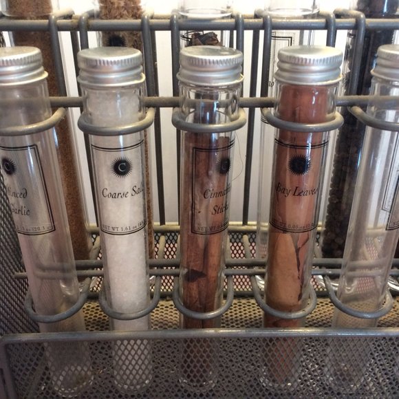 Unusual Cool Kitchen Spice Rack Test Tube Glass cylinder bottles Wire Mesh - Picture 3 of 4